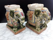 VTG Pair Glazed Ceramic Elephant Ashtrays Bookends Colorful Hand painted 6x6"