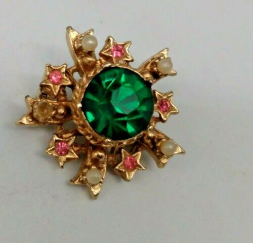 "Broche vintage Coro Star vert et rose strass perle perle perle 1 1/4"   - Photo 1 sur 9
