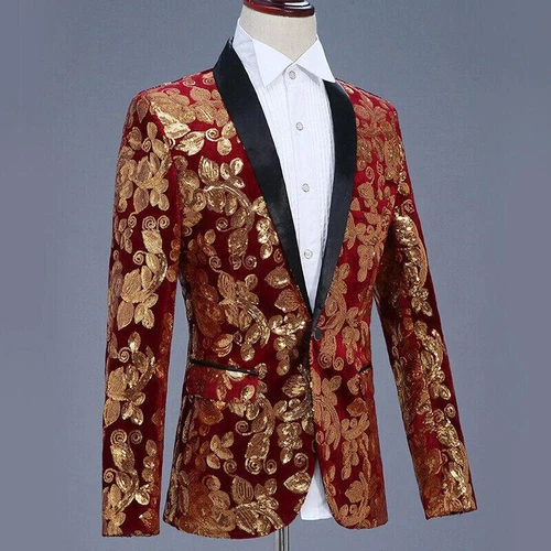 Men Sequin Shawl Lapel Suit Jacket Velvet Floral Blazer Wedding Prom Coat Tops - Picture 11 of 21