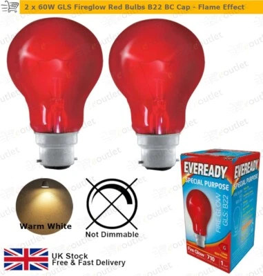 60W GLS Fireglow Red Bulbs B22 BC Cap, Flame Effect by Eveready 2 Pack