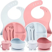 12 Pcs Silicone Baby Feeding Set Baby Utensils Baby Supplies (Pink+Blue)