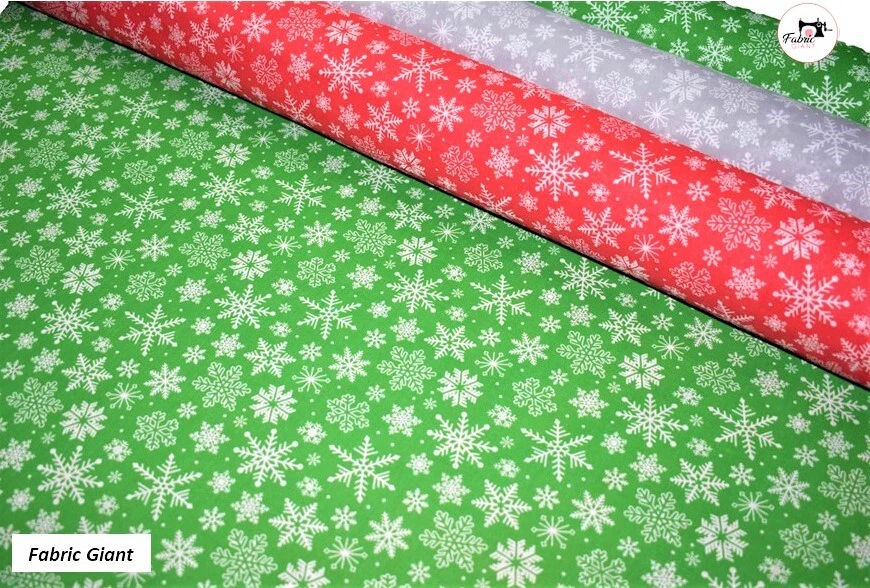 Festive Snowflakes Reindeer Holly Crafts Christmas Polycotton Fabric Material