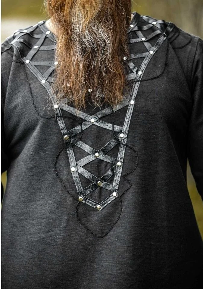 Wikinger Tunika mit aufwändigen Lederapplikationen in schwarz - Bild 4 von 4