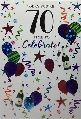 SIMON ELVIN 70th MALE BIRTHDAY CARD BALLOONS AND CHAMPAGNE 7”x5” FREE P&P