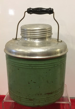 Vintage Stoneware Ceramic Lined Metal Water Jug Cooler Green Silver Wood Handle