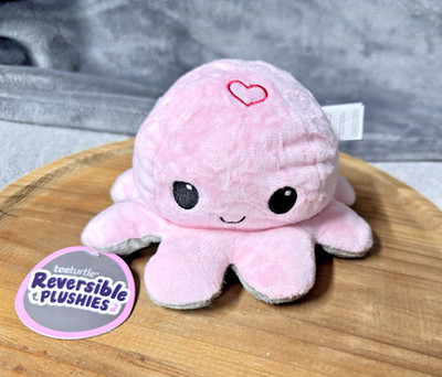 TeeTurtle Reversible Plushies - Octopus Pink / Gray , Love / Mad - Stuffed 3.5''