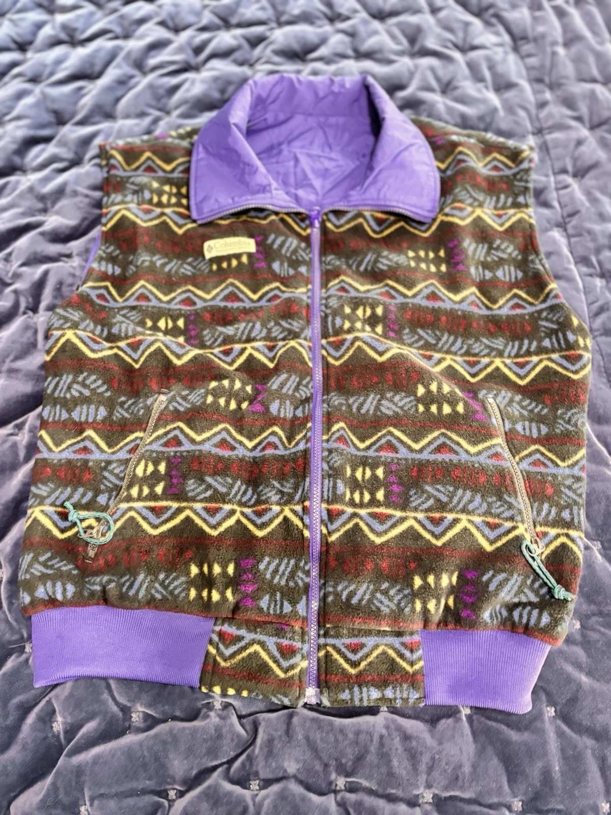 Vintage Columbia Men's L Fleece Lined Reversible Retro Aztec Pattern Vest
