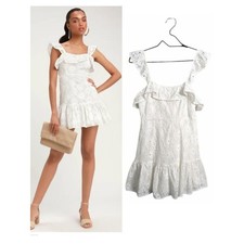 Lulus Biscay White Ruffled Eyelet Lace Mini Dress Size S Sleeveless Straps Beach