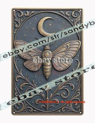 Moth moon metal sign gothic night art nocturnal