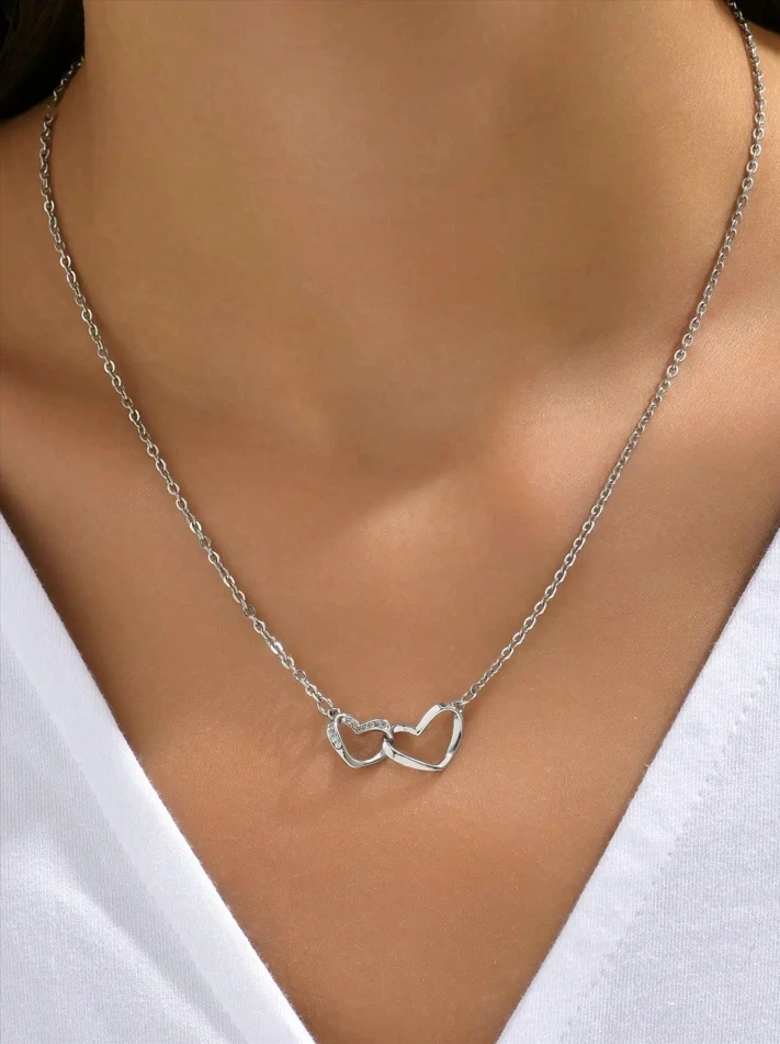 1pc Double Hollow Heart Pendant Necklace Women's Love Chain Fashion Jewelry Gift image 1