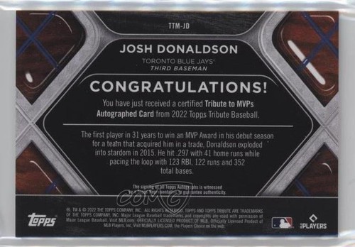 2022 Topps Tribute Tribute to MVPs Auto Orange /25 Josh Donaldson #TTM-JD Auto - Foto 2 di 3