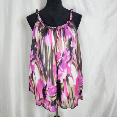 New CATO Size XL Braided Sleeveless Abstract Pink Brown Print Chiffon Boho Tank