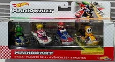 Hot Wheels MARIOKART 4 Pack Yoshi Princess Peach Mario Orange Shy Guy Vehicles