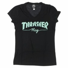 Thrasher Magazine MAG LOGO V-NECK Skateboard GIRLS FIT T Shirt BLACK