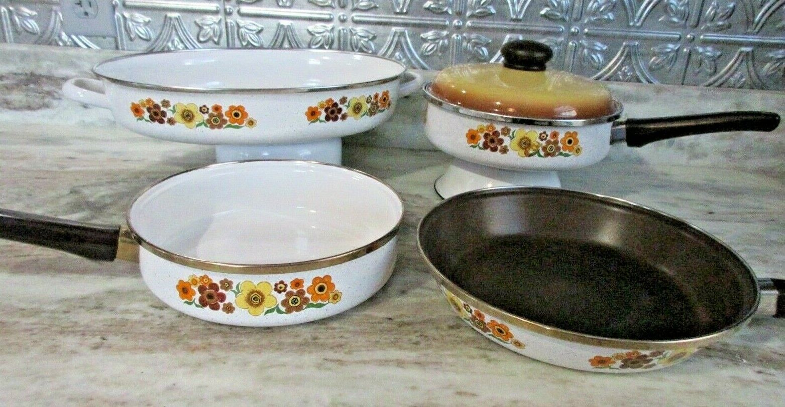 Vintage Porcelain Enamel Colorful Floral 8 Pan Cookware with Brown Hardware