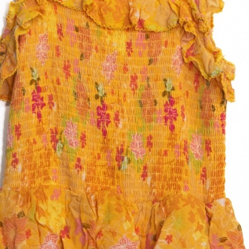 Vintage-Inspired Yellow Smocked Floral XS Maxi Dress W/ Ruffle Straps & Tiered - Picture 3 of 6