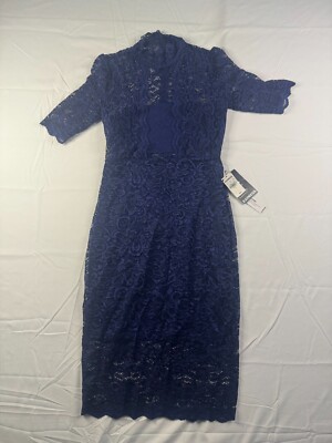 Express Dress Womens Size 4 Sheath Midi Lace Floral Blue Short Sleeve NWT