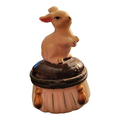 Porcelain Hinged Bunny on Stool Trinket Box Hand Painted Yellow Rabbit Easter