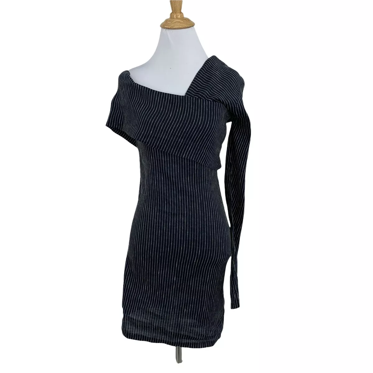Beaufille Pinstripe One Sleeve Canopy Dress Size 4 Navy Linen Blend Stretch
