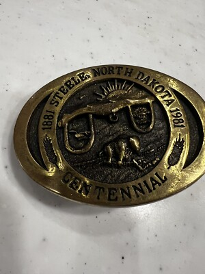 #ad Steel North Dakota 1881 Centennial Brass Belt Buckle Vintage 1980 $38.00