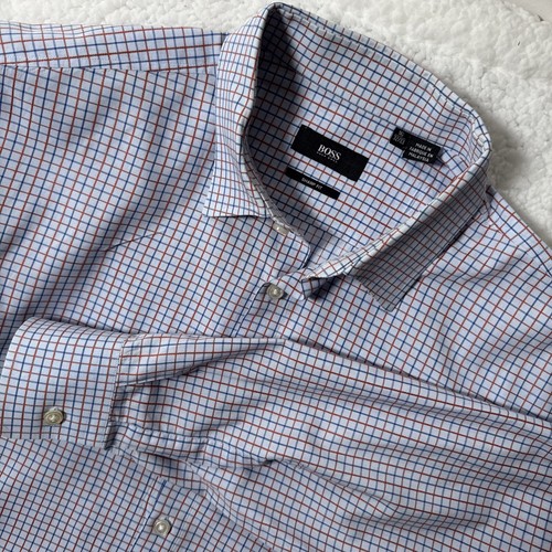Hugo Boss Herren Sharp Fit Langarm Hemd mit Knopfleiste Größe 16 Blau/Rot Kariert