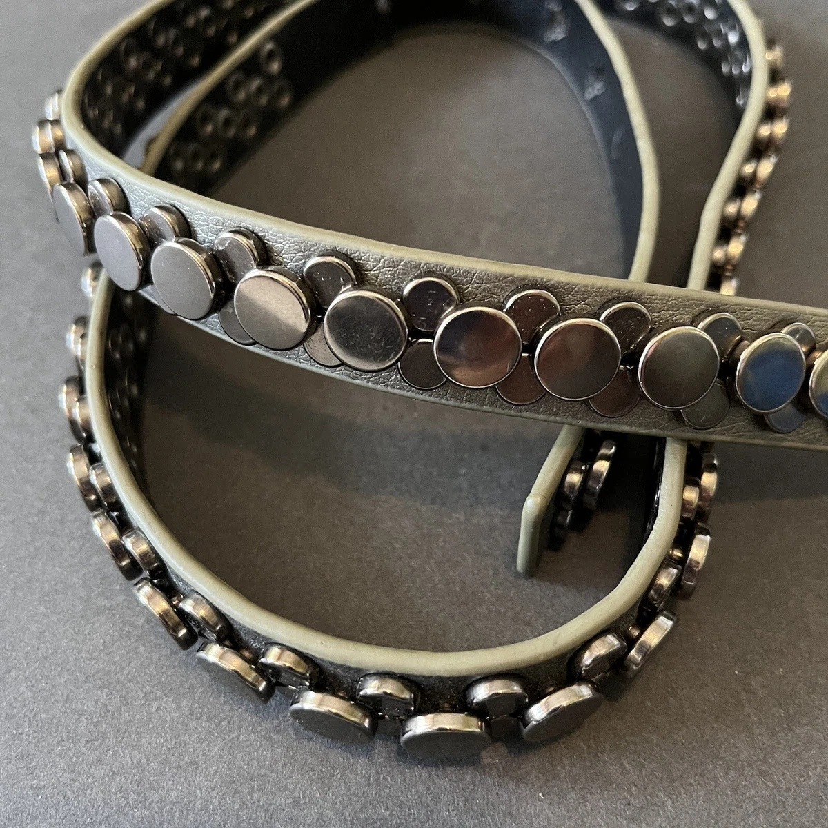 Calvin Klein Womens Silver Metallic Leather Skinny Belt L Vintage Y2K 90s  Stud