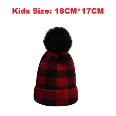 Women Kids Red-Plaid-Buffalo Beanie-Hat Pom Knit Winter Warm  display picture 3