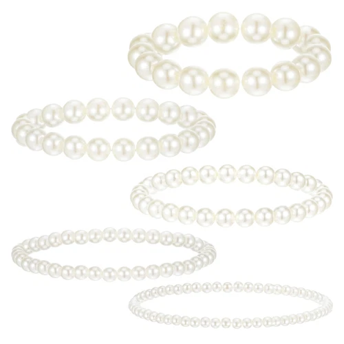 OFF WHITE 5 Pezzi Bracciali di Perle Bianche da Donna Bracciali di Perle Elasticizzati Bianchi da Damigella