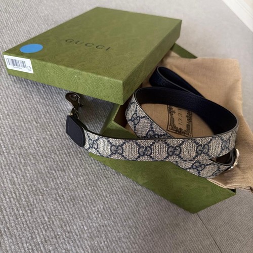 GUCCI Leash GG Supreme Canvas Leather Beige/Navy Pet Accessory w/Box, Dust Bag