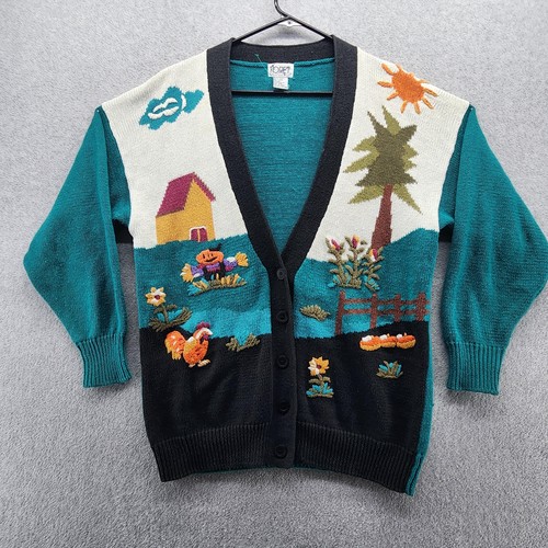 Vintage Koret Sweater Womens Medium Teal Farmhouse Cardigan Embroidered 90s