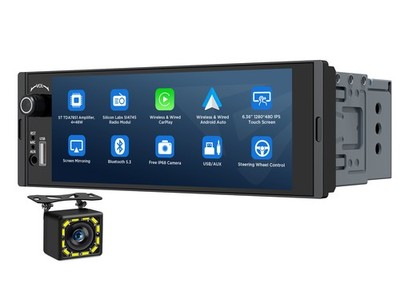 Single 1 DIN Wireless Android Auto CarPlay 6.36'' IPS Screen Car Stereo Radio USB