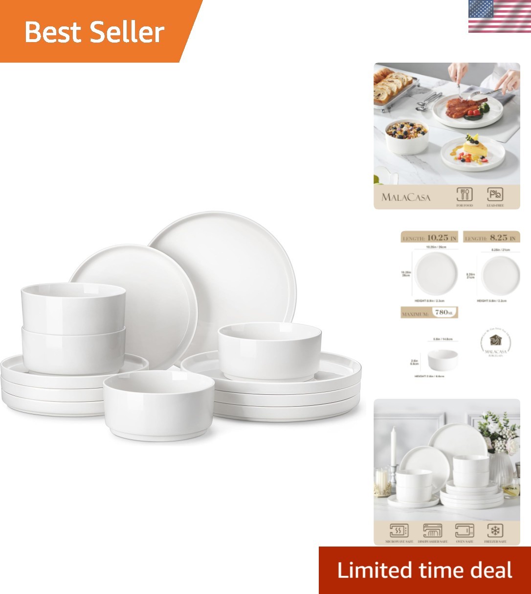 12 Pieces Porcelain Dinnerware Set, Modern White Dish Set for 4,  Serving Pla...