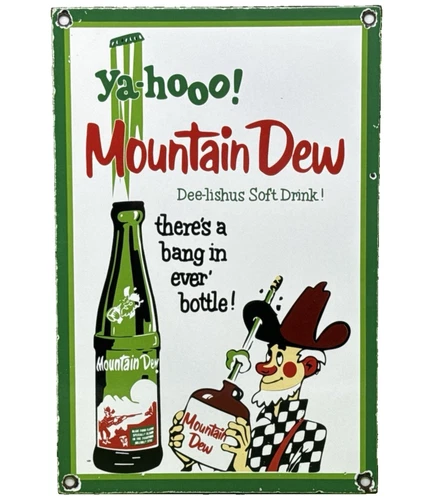 VINTAGE MOUNTAIN DEW PORCELAIN SIGN SODA POP BOTTLE CAN BAJA BLAST GAS STATION
