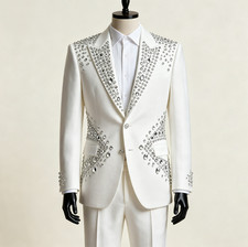 White Luxury Mens Suits Beading Sequin Rhinestone Formal Prom Peak Lapel Jacket