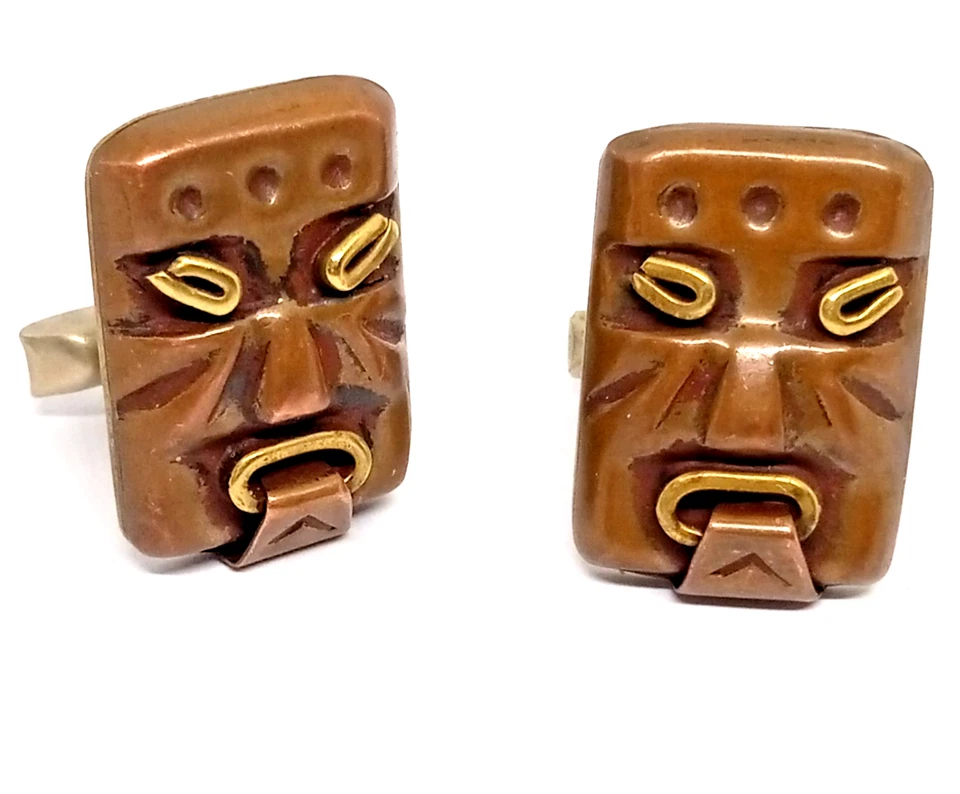 Gemelos Tiki/Tribal vintage de cobre y latón sin marca Foto 2 de 4