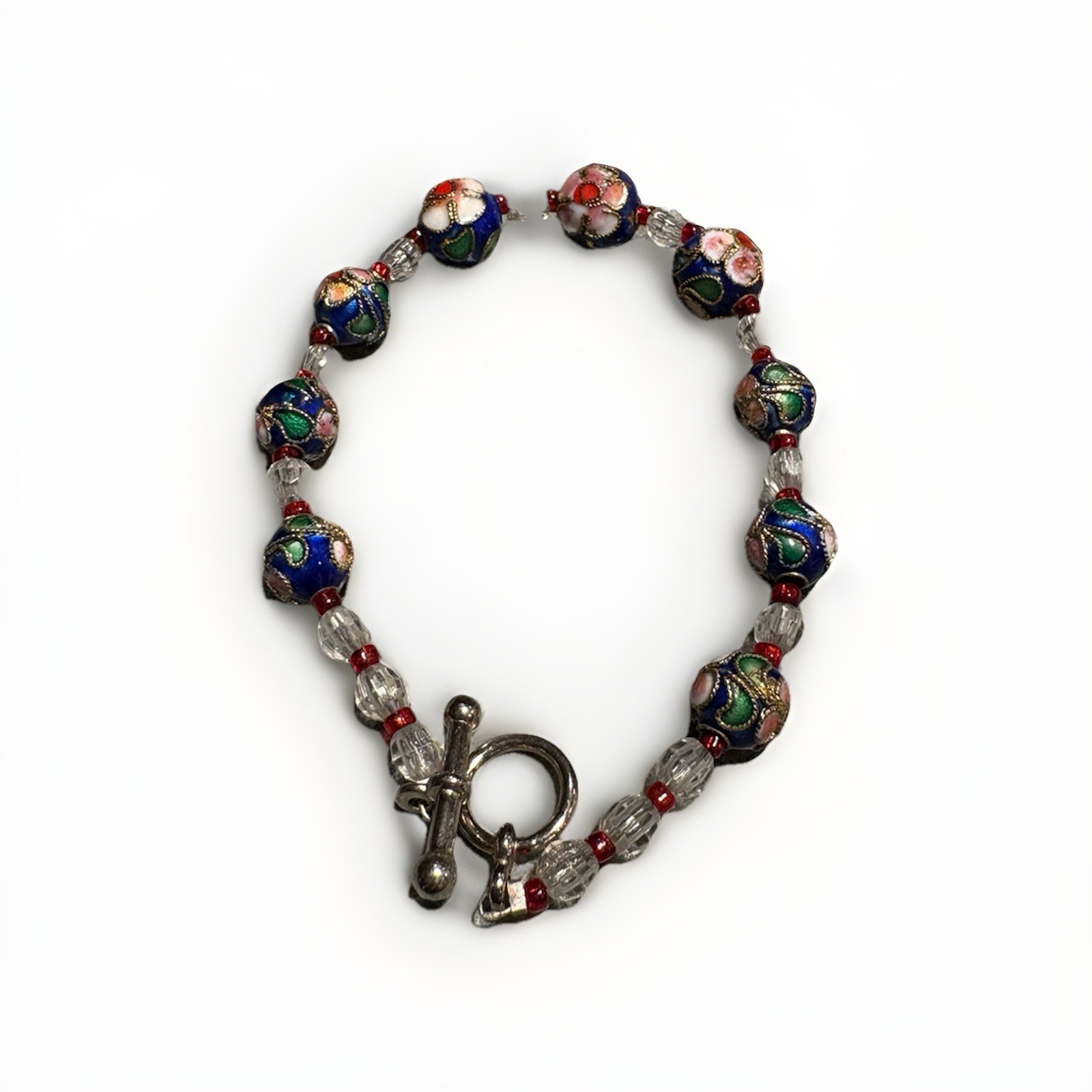 Vintage Cloisonné Cherry Blossom Bracelet with Silver Clasp