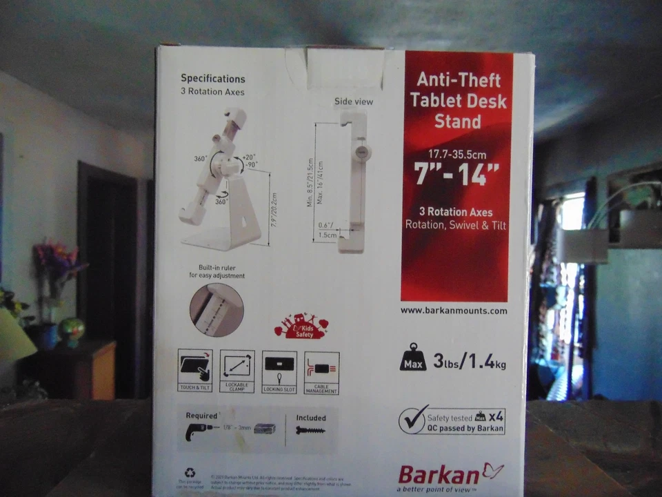Soporte para Tableta Barkan, 7" - 14", Blanco, Apertura de Abrazadera, Rotación 360°, Ranura de Bloqueo Foto 3 de 4