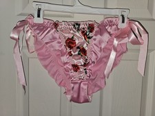 Vintage Girly Glossy Satin String Tie Sides Bikini Panties. Size Large