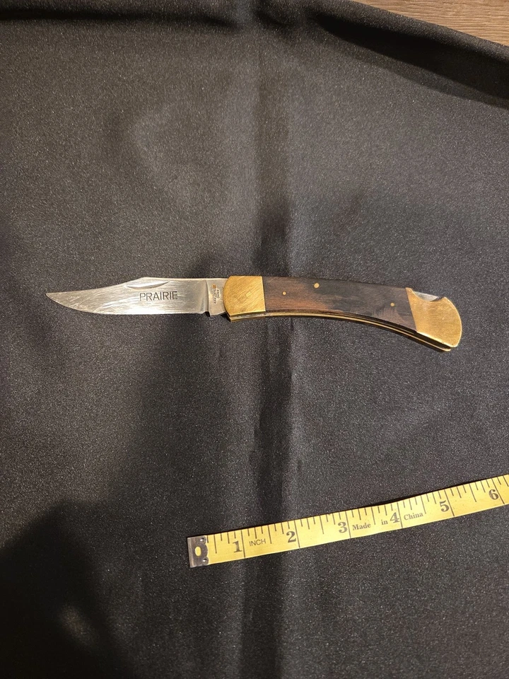 Винтажный карманный нож Prairie с латунной и деревянной ручкой 440 нержавеющая сталь Япония - Изображение 4 из 4