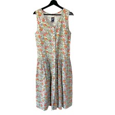 Vintage 90s GAP Off White Orange Floral Sleeveless Button Up Midi Jumper Dress S