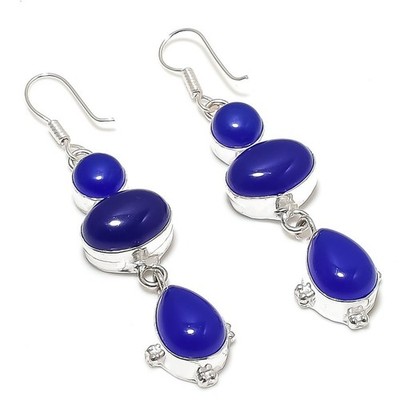 Blue Onyx Gemstone Handmade 925 Sterling silver Jewelry Earring Size 2.5''