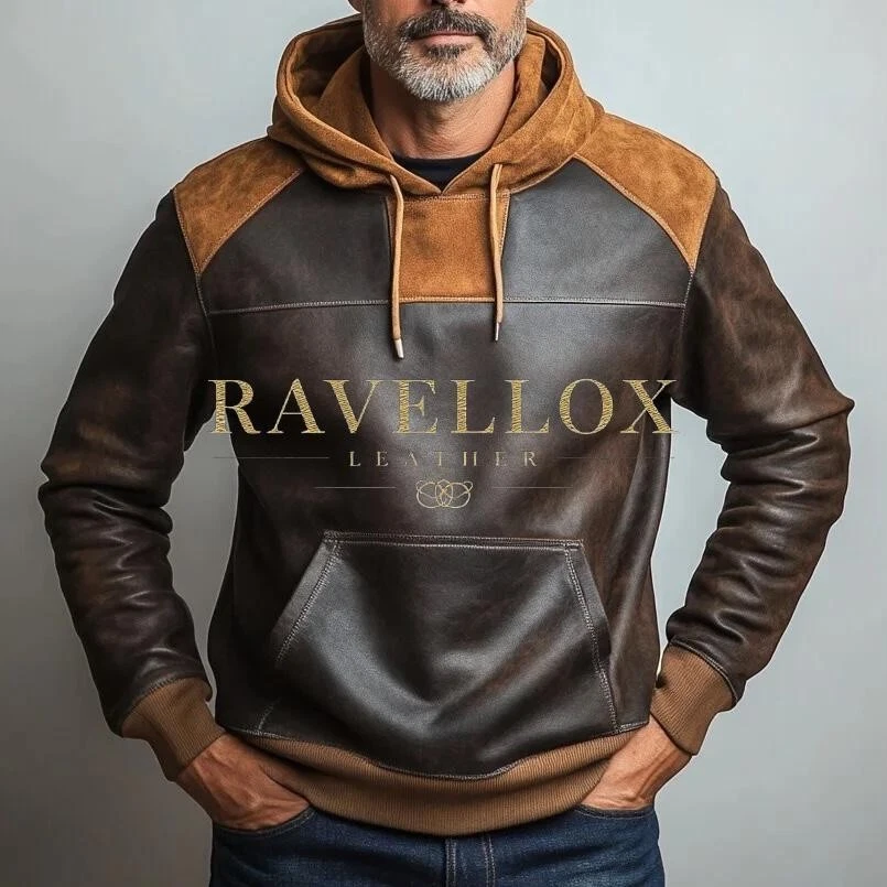 Men’s Leather Hoodie Jacket Brown Pullover Style Hooded Leather Jacket