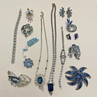 Vintage Estate Costume Jewelry Blue Rhinestone Silver Tone Brooch Necklace Lot16