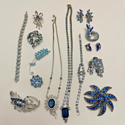 Vintage Estate Costume Jewelry Blue Rhinestone Silver Tone Brooch Necklace Lot16