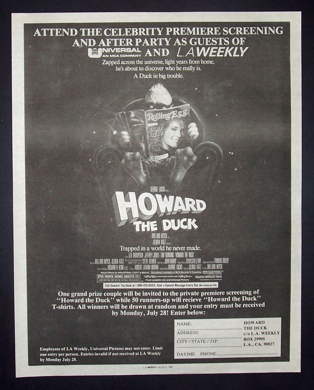 Howard The Duck L.A. Celebrity Premiere Screening 1986 Poster Type Movie Ad