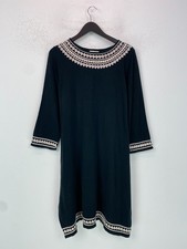 Monsoon Black Embroidered Knit Shift Dress Knee Length 3/4 Sleeve Pull On UK 20