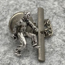 Vtg Silver Tone Bowler Tie Tack and Chain Lapel Pin Bowling Hipster Quirky