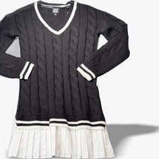 Black Cable Knit Sweater Dress White Pleated Hem Preppy Academia Varsity Small