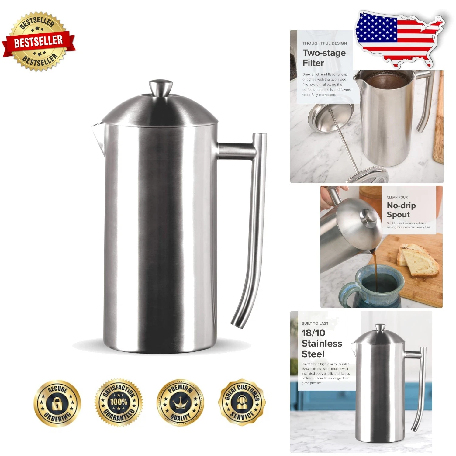Brushed Stainless Steel French Press Coffee Maker 36oz Double Wall Insulated