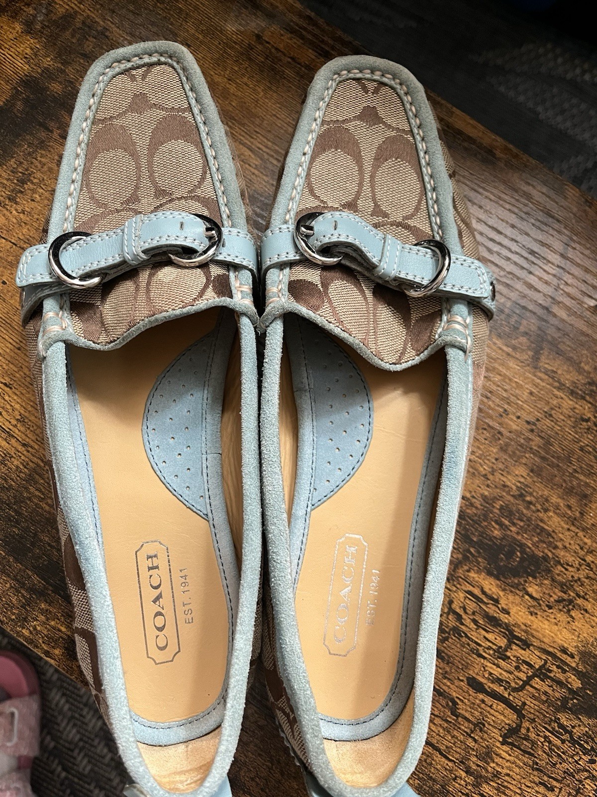 Coach Signature Monogram Suede leather Baby Blue Lining, With Buckle Flat Shoe.